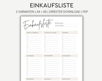 Printable shopping list Shopping list German | A4 + A5 size | Grocery shopping list | Shopping planner PDF