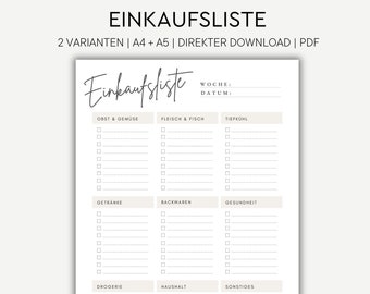 Einkaufsliste zum ausdrucken | Einkaufszettel deutsch | A4 + A5 Format | Einkaufsliste für Lebensmittel | Einkaufsplaner PDF