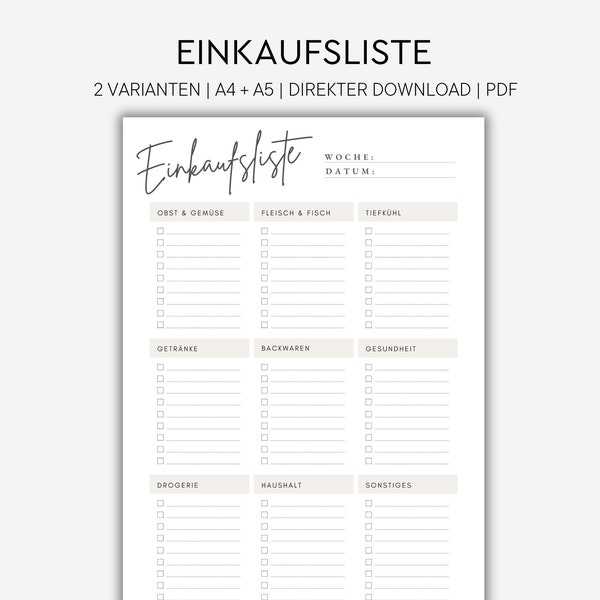 Einkaufsliste zum ausdrucken | Einkaufszettel deutsch | A4 + A5 Format | Einkaufsliste für Lebensmittel | Einkaufsplaner PDF