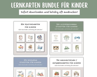 May include: A set of four printable learning cards for children. Each card features a different theme: routines, clothing, toys, and household chores. The cards are illustrated with watercolor images and include text in German.