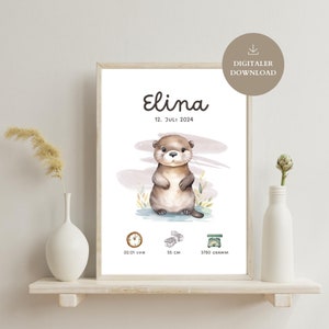 Cartel de nacimiento "Nutria" personalizado | Cartel con fechas de nacimiento y nombres | Regalo de nacimiento | Póster habitación infantil | regalo de nacimiento bebe