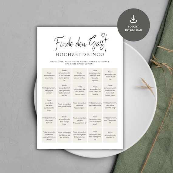 Hochzeitsbingo | Hochzeitsspiel für Gäste | Hochzeitsspiel "Finde den Gast" zum ausdrucken | Spiel für Hochzeit | 2x Varianten