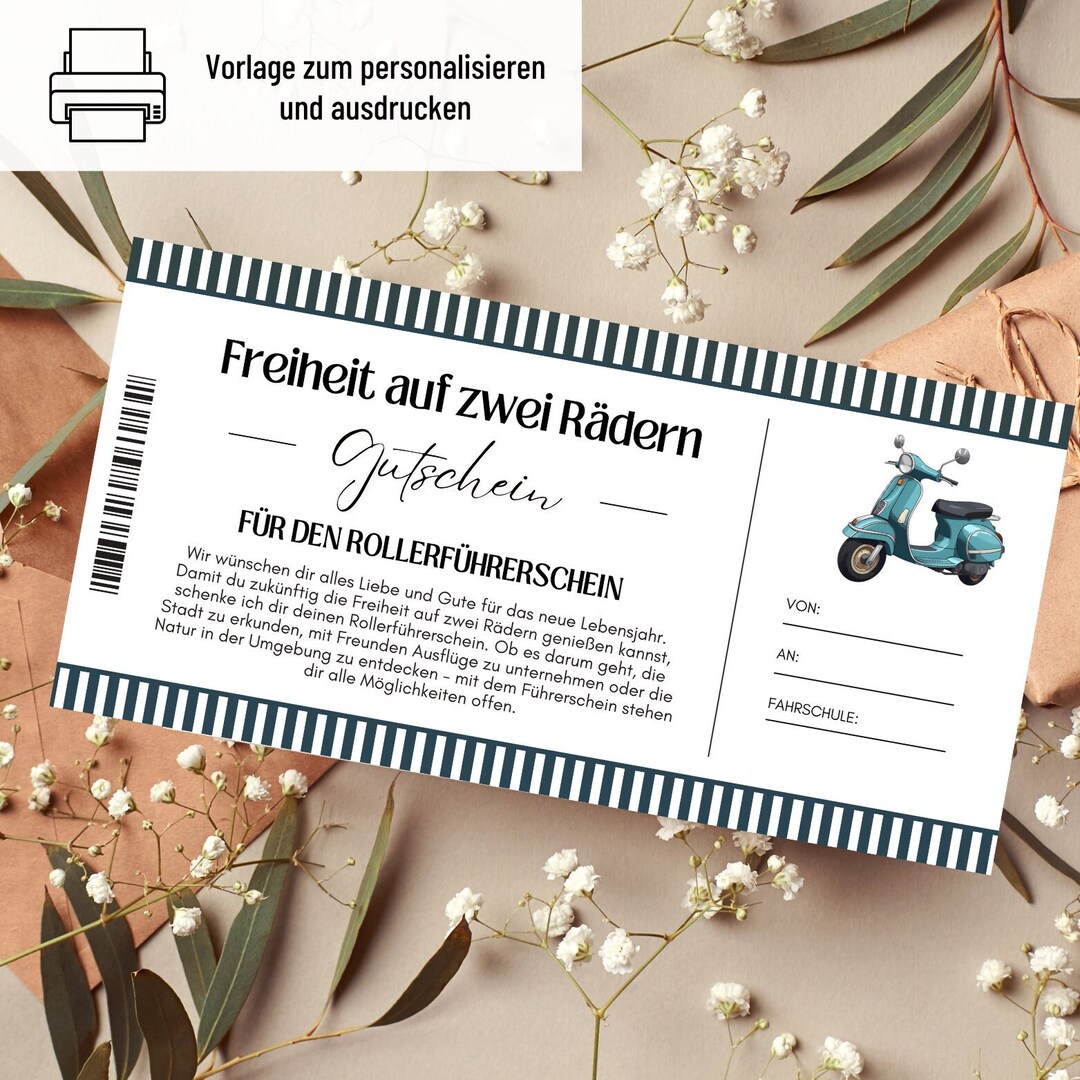 Coupon Scooter Driver License Template Voucher Moped to Print Gift Idea Voucher Excursion Gift