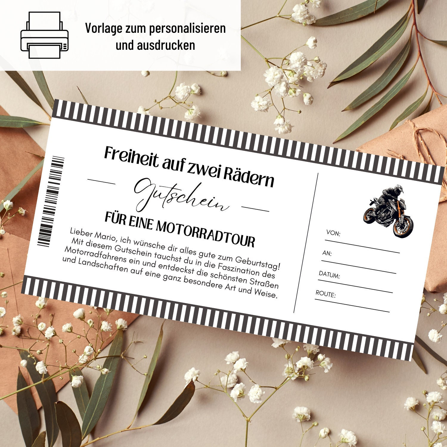 Voucher Motorbike Template | Printable Motorbike Tour Voucher | Voucher Excursion | birthday gift | Voucher gift