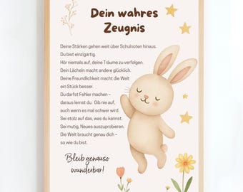 May include: A framed print with a light beige background features a watercolor illustration of a friendly bunny. The print includes German text and decorative stars and flowers. The text reads "Dein wahres Zeugnis" and other inspirational phrases.