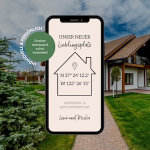 Cartão em movimento | Cartão de mudança digital | Mudança de endereço personalizada com coordenadas GPS para mudança, posse de casa própria | Mapa em movimento