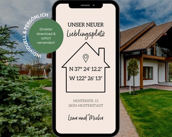 Cartão em movimento | Cartão de mudança digital | Mudança de endereço personalizada com coordenadas GPS para mudança, posse de casa própria | Mapa em movimento