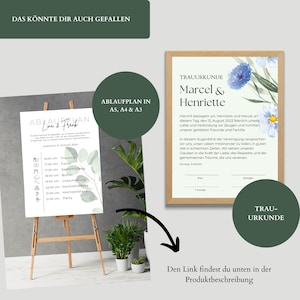 May include: A printable wedding ceremony programme template with a watercolour background and a schedule of events for the wedding day. The text reads "Line & Frank" and "Saturday, 8 August 2014".