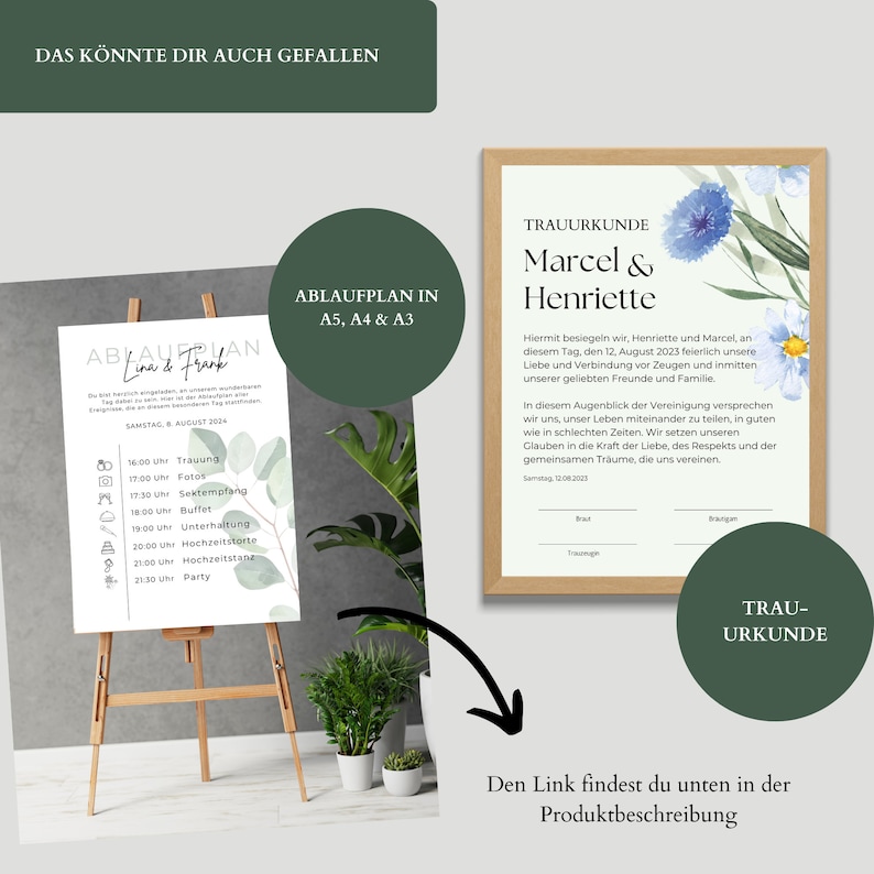 May include: A printable wedding ceremony programme template with a watercolour background and a schedule of events for the wedding day. The text reads "Line & Frank" and "Saturday, 8 August 2014".