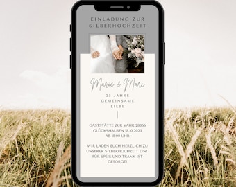 May include: A digital invitation for a silver wedding anniversary celebration. The invitation features a photo of a couple holding hands, the text "Marie & Mare", and details about the event, including the date, time, and location.
