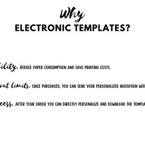 May include: Text on a white background with green palm leaves on the sides. The text reads: "Why ELECTRONIC TEMPLATES?"  "sustainability. REDUCE PAPER CONSUMPTION AND SAVE PRINTING COSTS." "send without limits. ONCE PURCHASED, YOU CAN SEND YOUR PERSONALIZED INVITATION WITHOUT LIMIT." "direct access. AFTER YOUR ORDER YOU CAN DIRECTLY PERSONALIZE AND DOWNLOAD THE TEMPLATE."