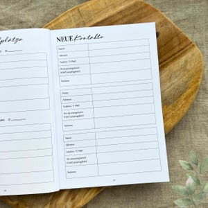 May include: A white page with black text, titled "NEUE Kontake" with blank spaces to fill in contact information, including name, address, phone number, email, where you met the person, and notes.
