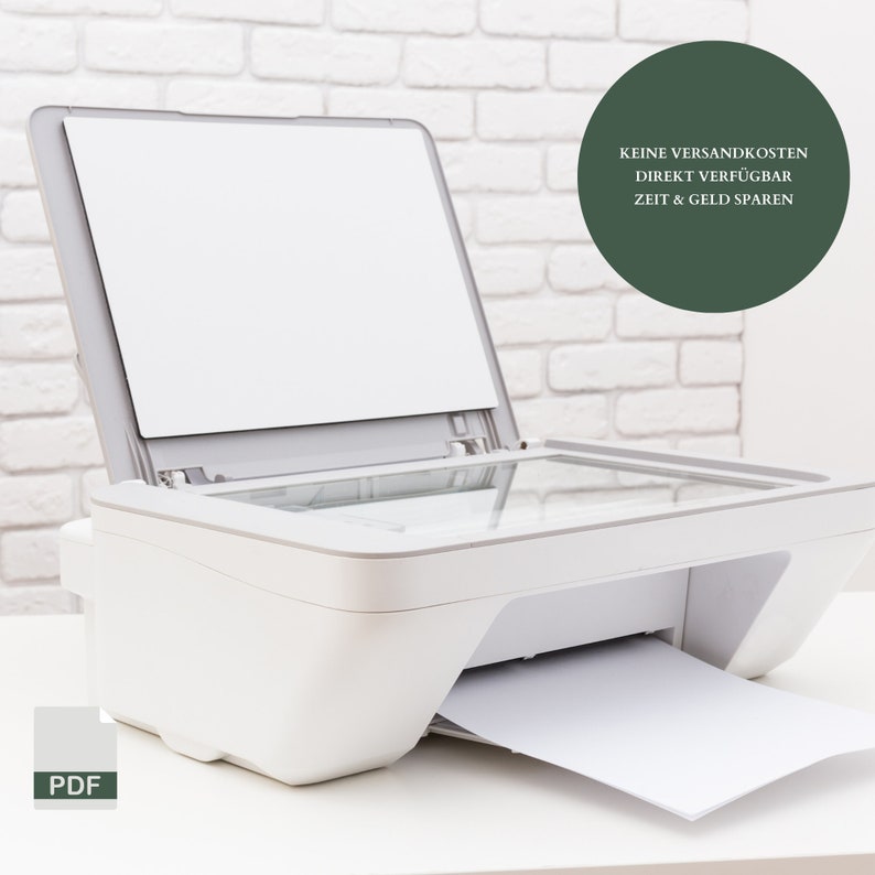 May include: A white printer with a paper tray and a document feeder. The printer is on a white table in front of a white brick wall. The text "KEINE VERSANDKOSTEN DIREKT VERF&Uuml;GBAR ZEIT & GELD SPAREN" is visible in a green circle on the wall.