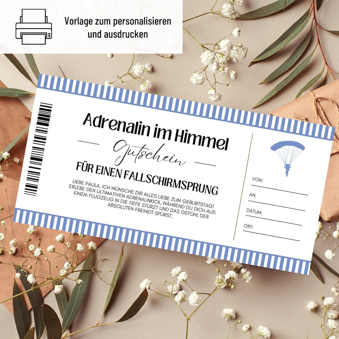 Coupon Skydive Template Voucher Parachute Jump to Print Gift Idea