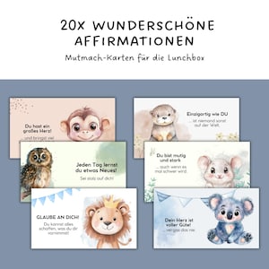 20x cartes d'affirmation à imprimer pour les enfants | Cartes d'encouragement pour la boîte à lunch | 20x cartes d'encouragement et cartes de pleine conscience