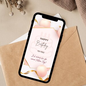 May include: A pink and gold birthday card with a cake illustration and the text "Happy Birthday to You" and "Ich w&uuml;nsche dir einen tollen Tag!"