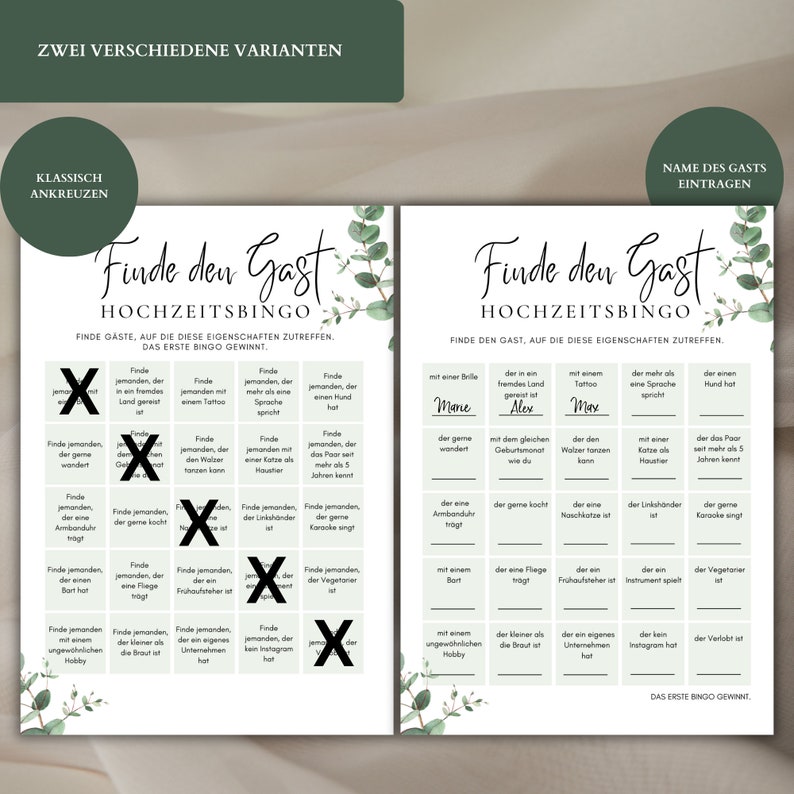 May include: A green and white printable wedding game card with the text "Find the Guest" and "Wedding Bingo". The card has a grid of squares with different prompts for guests to find someone who matches the description.  The card is decorated with eucalyptus leaves.