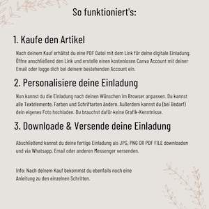 May include: A step-by-step guide on how to create and send digital invitations using Canva. The guide explains how to purchase the invitation, personalize it, and download it in JPG, PNG, or PDF format.