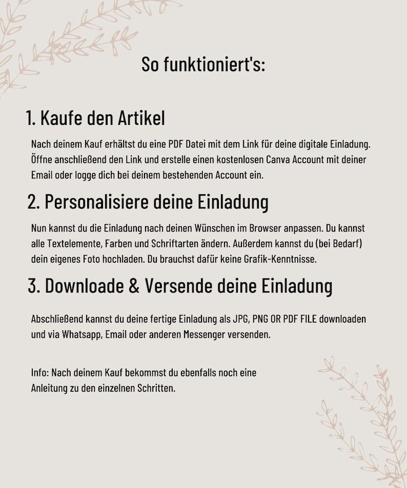 May include: A step-by-step guide on how to create and send digital invitations using Canva. The guide explains how to purchase the invitation, personalize it, and download it in JPG, PNG, or PDF format.