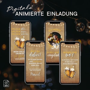 Animierte eCard Geburtstags Party Einladung | Digitale Geburtstagseinladung 30. 40. 50. 60. Bier personalisiert zum versenden per Whatsapp