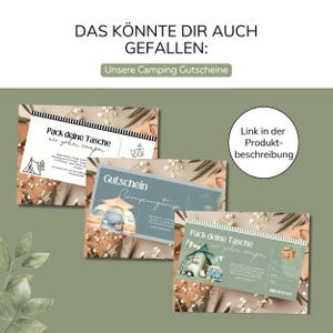 May include: Three printable camping themed gift certificates with a watercolor illustration of a camper van and the text "Pack deine Tasche wir gehen campen" which translates to "Pack your bag we are going camping".