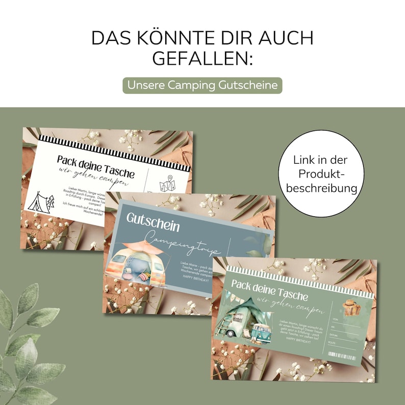 May include: Three printable camping themed gift certificates with a watercolor illustration of a camper van and the text "Pack deine Tasche wir gehen campen" which translates to "Pack your bag we are going camping".