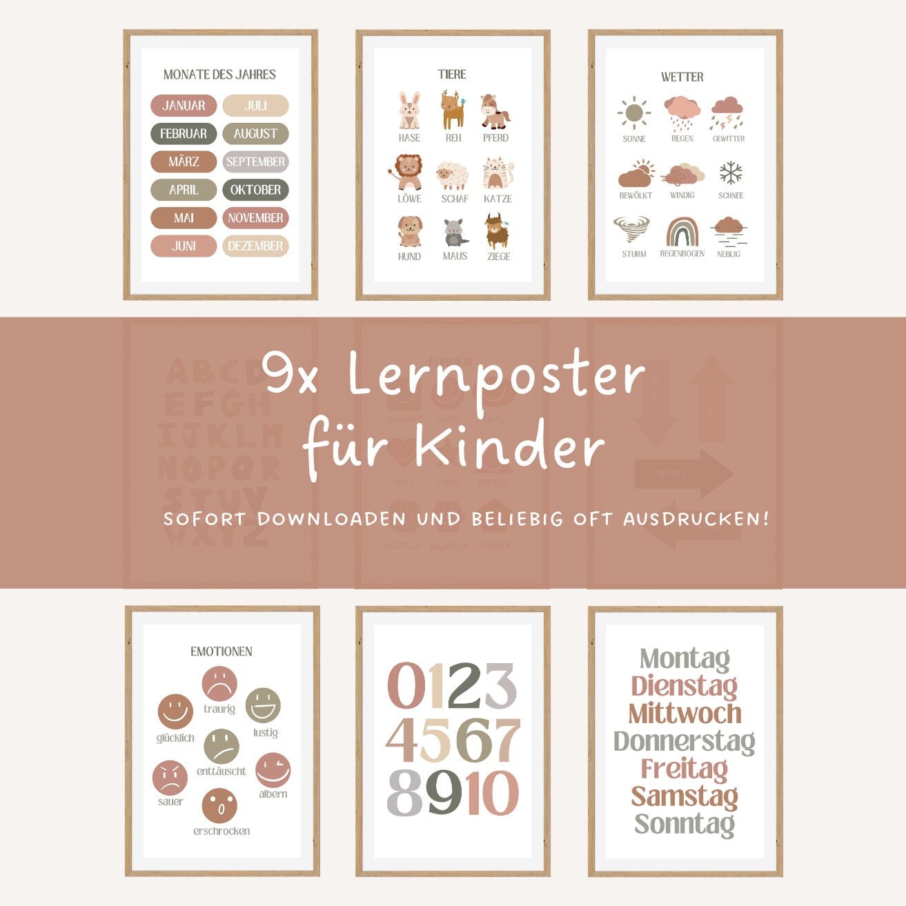 Lernposter Set für Kinder | Lernposter Kinderzimmer zum ausdrucken | 9x