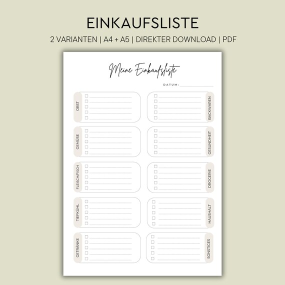 Einkaufsliste zum ausdrucken | Einkaufszettel PDF deutsch | A4 + A5 Format | Einkaufsliste für Lebensmittel | Einkaufsplaner Digital