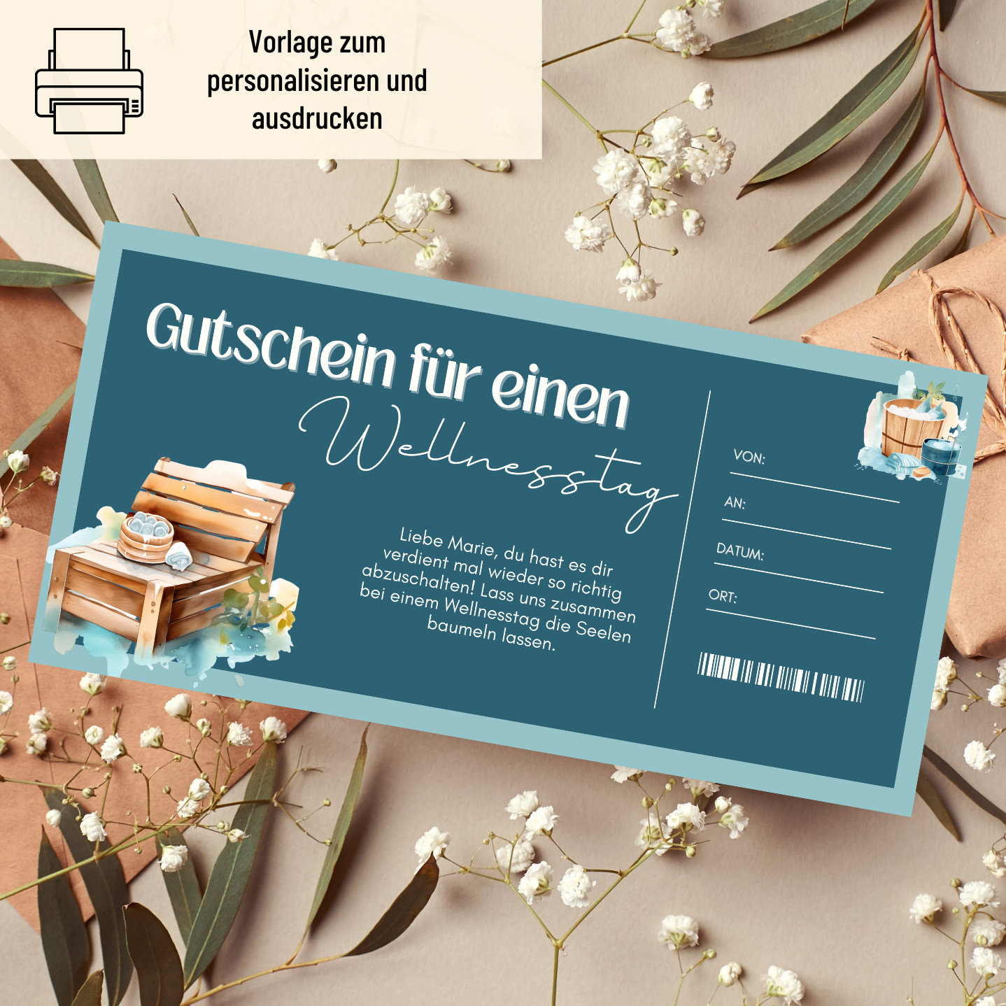Gutschein Wellness Vorlage Gutschein Ausflug SPA Day zum Ausdrucken