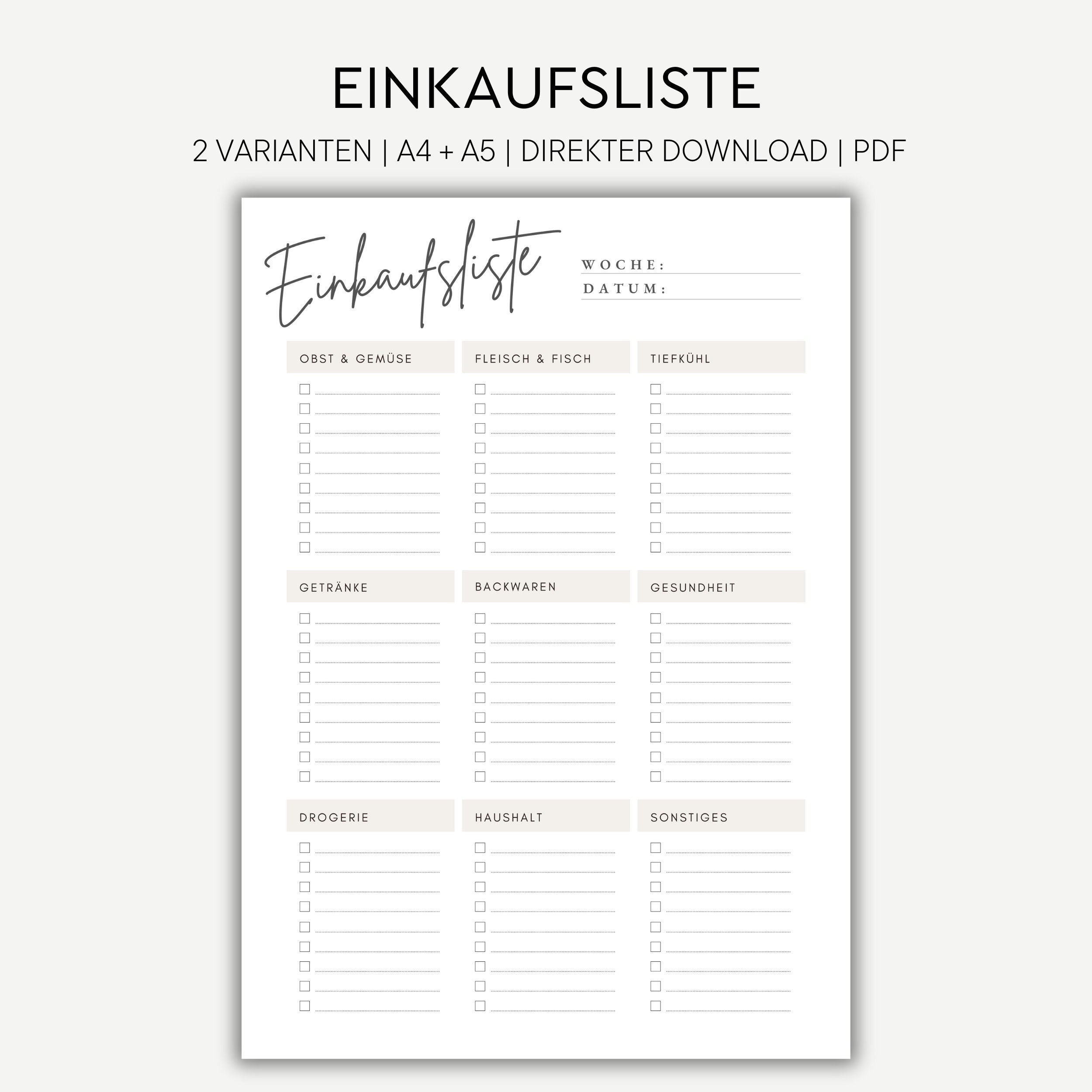 Einkaufsliste zum ausdrucken Einkaufszettel deutsch A4 A5 Format