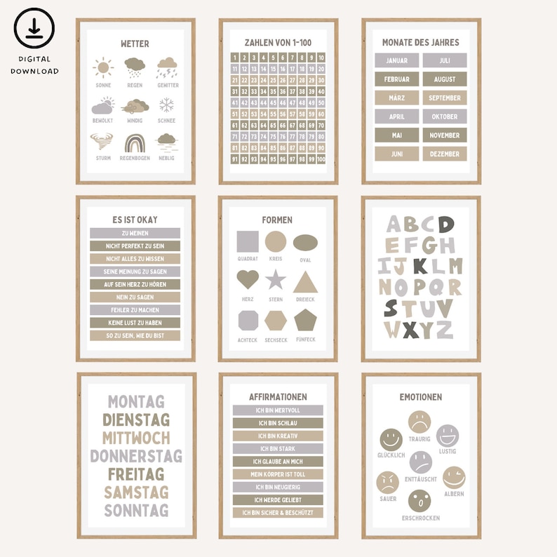 Lernposter Set für Kinder | Lernposter Kinderzimmer Boho zum ausdrucken