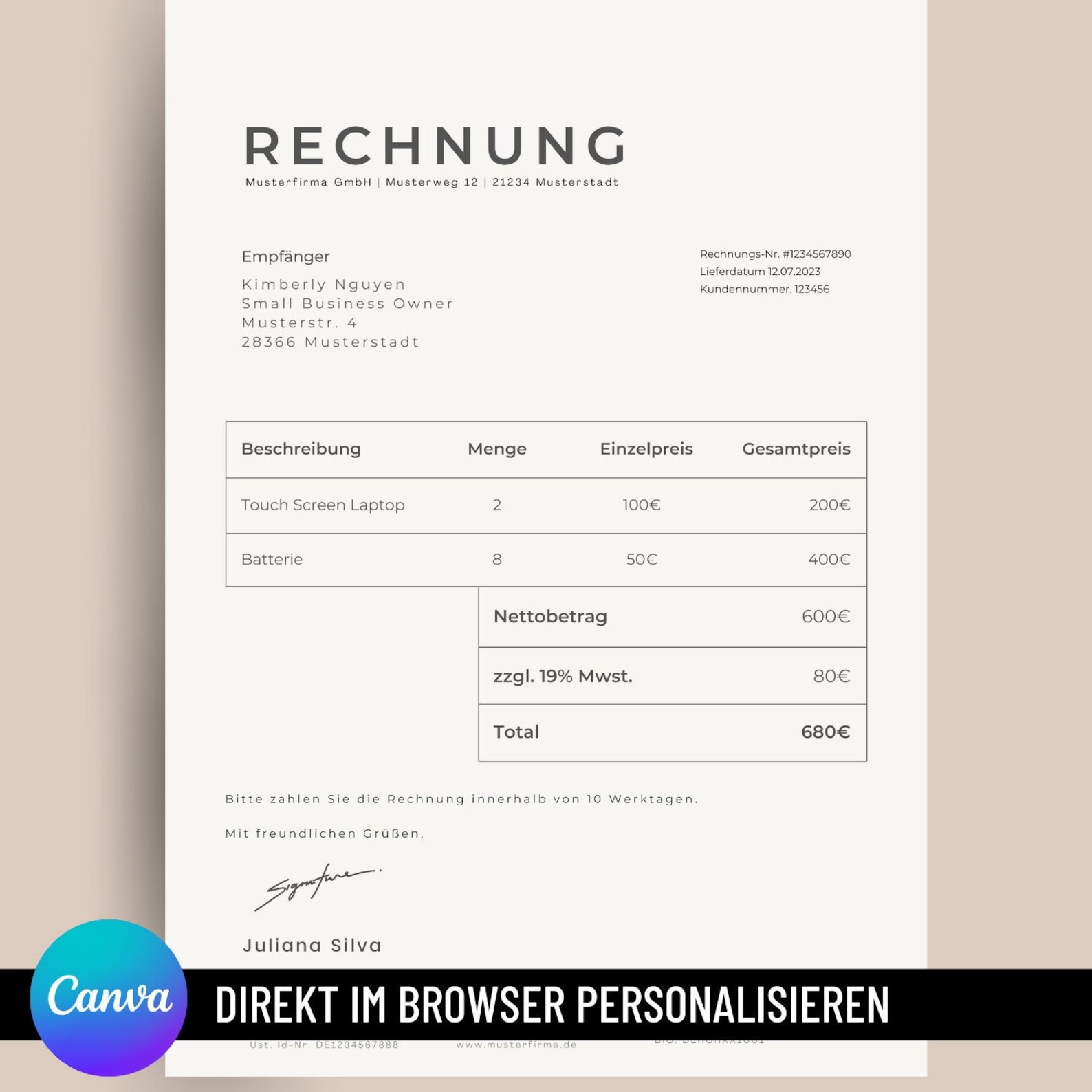 Rechnungsvorlage deutsch | Rechnungsvorlage Canva | Personalisierbare ...