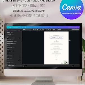 May include: A computer screen displaying a wedding menu template in Canva. The menu is for Emma & David and includes a starter, entree, and dessert. The menu is decorated with a floral design in shades of white and green.