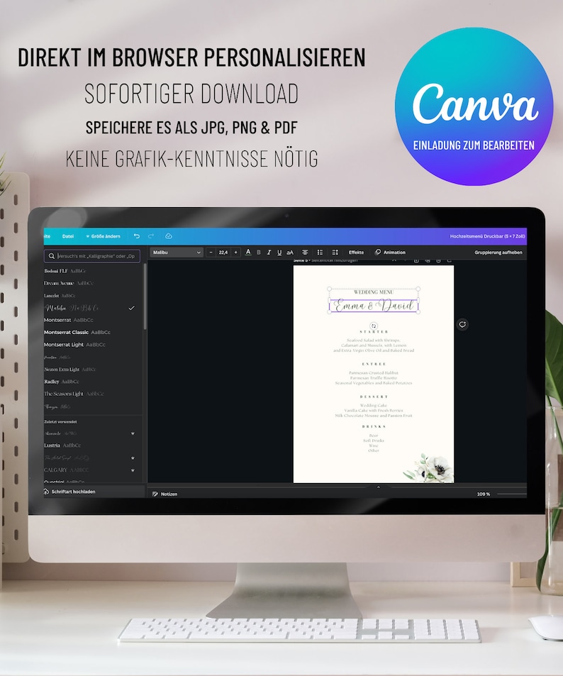 May include: A computer screen displaying a wedding menu template in Canva. The menu is for Emma & David and includes a starter, entree, and dessert. The menu is decorated with a floral design in shades of white and green.