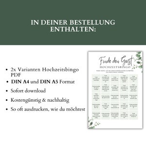 May include: A printable wedding bingo card with a green eucalyptus design. The card features the text "Finde den Gast Hochzeitsbingo" and includes a grid of squares with various wedding-related prompts.