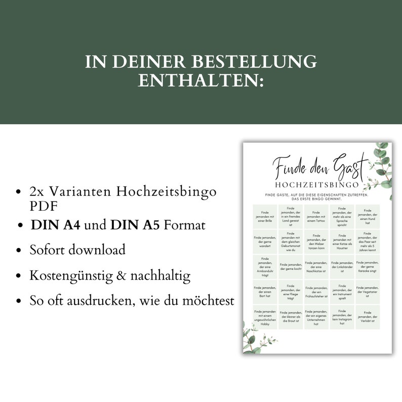May include: A printable wedding bingo card with a green eucalyptus design. The card features the text "Finde den Gast Hochzeitsbingo" and includes a grid of squares with various wedding-related prompts.