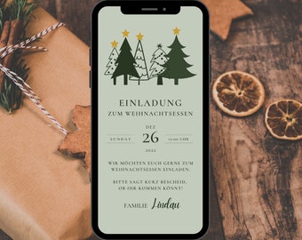 May include: A smartphone screen displaying a digital Christmas dinner invitation on a light sage green background. The design features dark green and white line-art Christmas trees with yellow stars, and German text detailing an event on December 26, 2022.