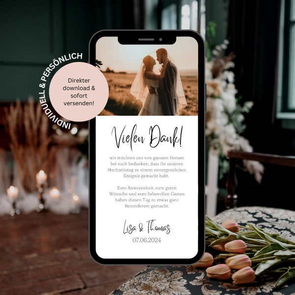 Dankeskarte Hochzeit digital | Danksagung Hochzeit zum personalisieren | Personalisiert mit Foto | Ecard Dankeskarte Hochzeit Whatsapp