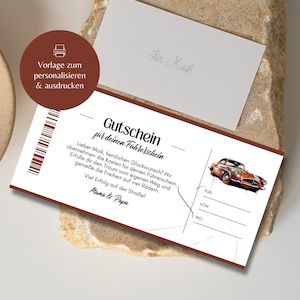 Sjabloon voor rijbewijsvoucher | Voucher cadeau rijschoolauto om uit te printen | Cadeau-idee | Cadeaubon voor rijles