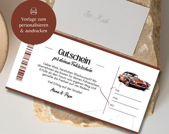 Plantilla de vale de licencia de conducir | Vale regalo coche autoescuela para imprimir | Idea de regalo | Bono regalo para clases de conducción