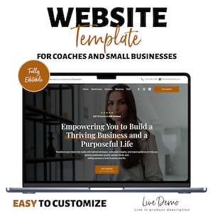 Könnte beinhalten: Ein Laptop-Computer, auf dem eine Website-Vorlage für Coaches und Kleinunternehmen angezeigt wird. Die Website hat einen hellgrauen Hintergrund mit einem braunen und weißen Muster. Der Text auf der Website lautet "Empowering You to Build a Thriving Business and a Purposeful Life".