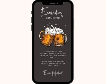 Ecard Digitale Einladung Bier Geburtstag | Einladung Geburtstagsparty 30. 40. 50. | Ecard Geburtstagseinladung zum versenden per Whatsapp