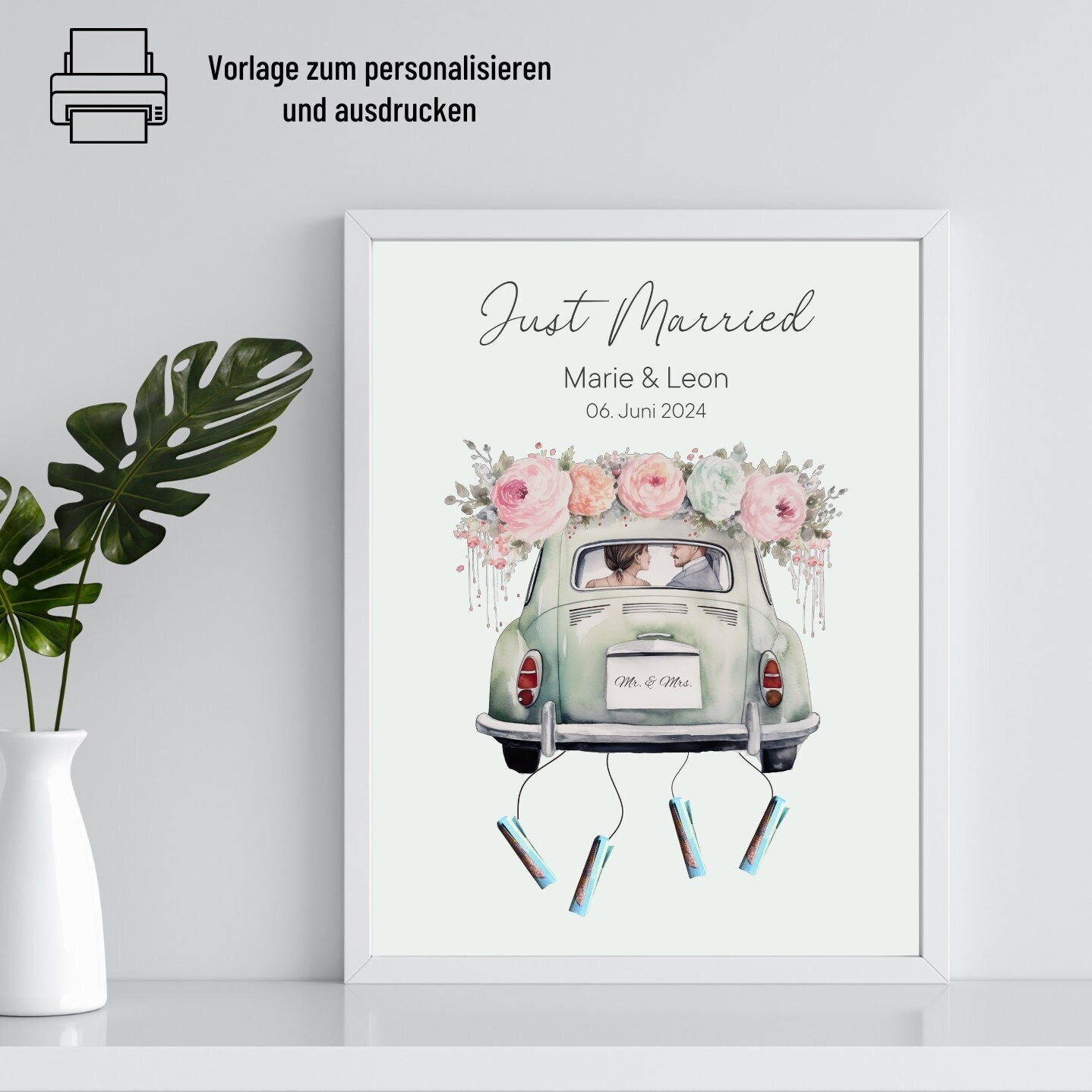 Geldgeschenk Hochzeit Auto just Married Zum Ausdrucken Und Personalisieren  