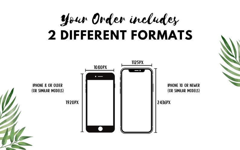 May include: Illustration of two smartphones with different screen sizes. The text "Your Order includes 2 DIFFERENT FORMATS" is at the top of the image. The smaller phone is labeled "IPHONE 8 OR OLDER (OR SIMILAR MODELS)" and has dimensions of 1080 pixels by 1920 pixels. The larger phone is labeled "IPHONE 10 OR NEWER (OR SIMILAR MODELS)" and has dimensions of 1125 pixels by 2436 pixels.