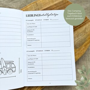 May include: A black and white illustration of a camper van with a surfboard on the side. The image is part of a printable journal page with the title "Lieblings Stellpl&auml;tze" and a section for recording camping trip details.