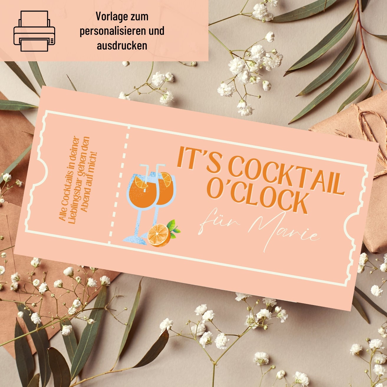 Coupon Template | Printable Cocktail Voucher | gift idea | Voucher to design | Customizable gift voucher