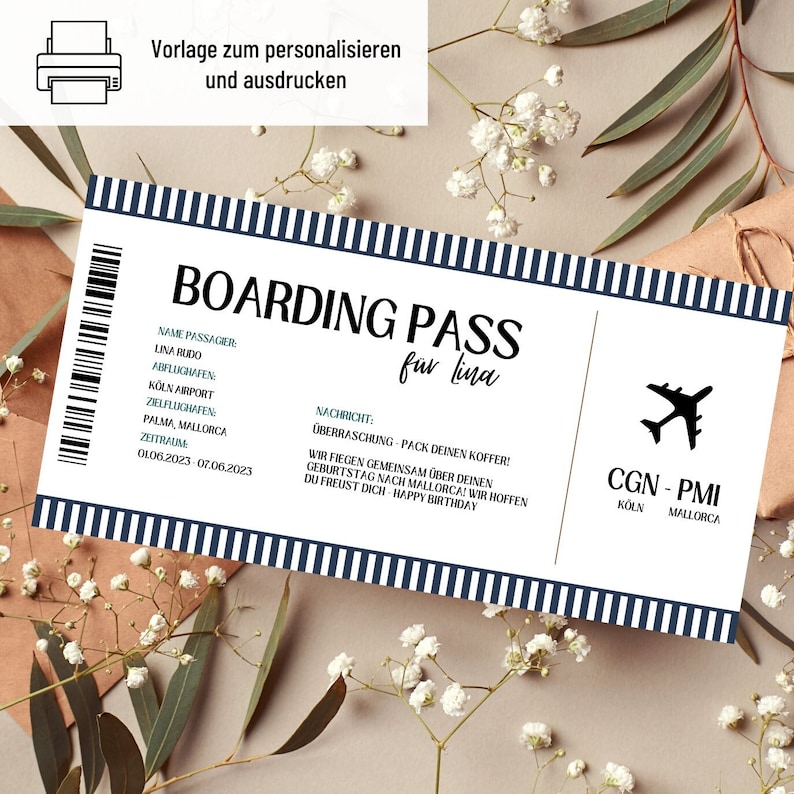 Voucher for a trip template Voucher holiday to print gift idea Print voucher Boarding Pass Gift Voucher image 1