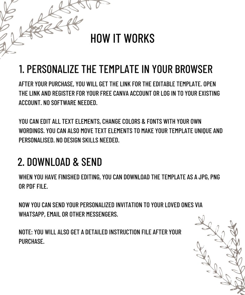 May include: How to personalize a template in your browser using Canva. After purchasing, you will receive a link to an editable template. You can edit text, change colors and fonts, and move text elements to make your template unique. You can download the template as a JPG, PNG, or PDF file. You can also send your personalized invitation via WhatsApp, email, or other messengers. You will also receive a detailed instruction file after your purchase.