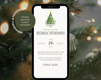 May include: A smartphone screen displaying a digital Christmas dinner invitation. The design features a watercolor-style green Christmas tree with a yellow star, and German text including EINLADUNG ZUM WEIHNACHTSESSEN, SAMSTAG 26 DEZ 2022, and FAMILIE MAIER.