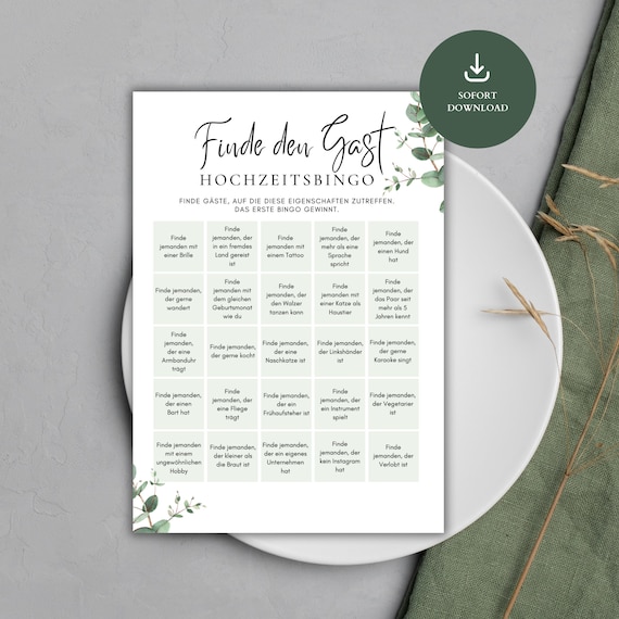 Hochzeitsbingo | Hochzeitsspiel für Gäste | Hochzeitsspiel "Finde den Gast" zum ausdrucken | Spiel für Hochzeit | Bingo Hochzeit deutsch